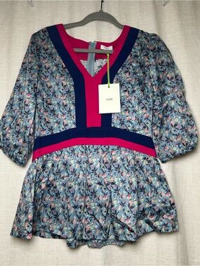 VOY Floral Peplum Top Blue Pink Puff Sleeve NWT Boutique Style